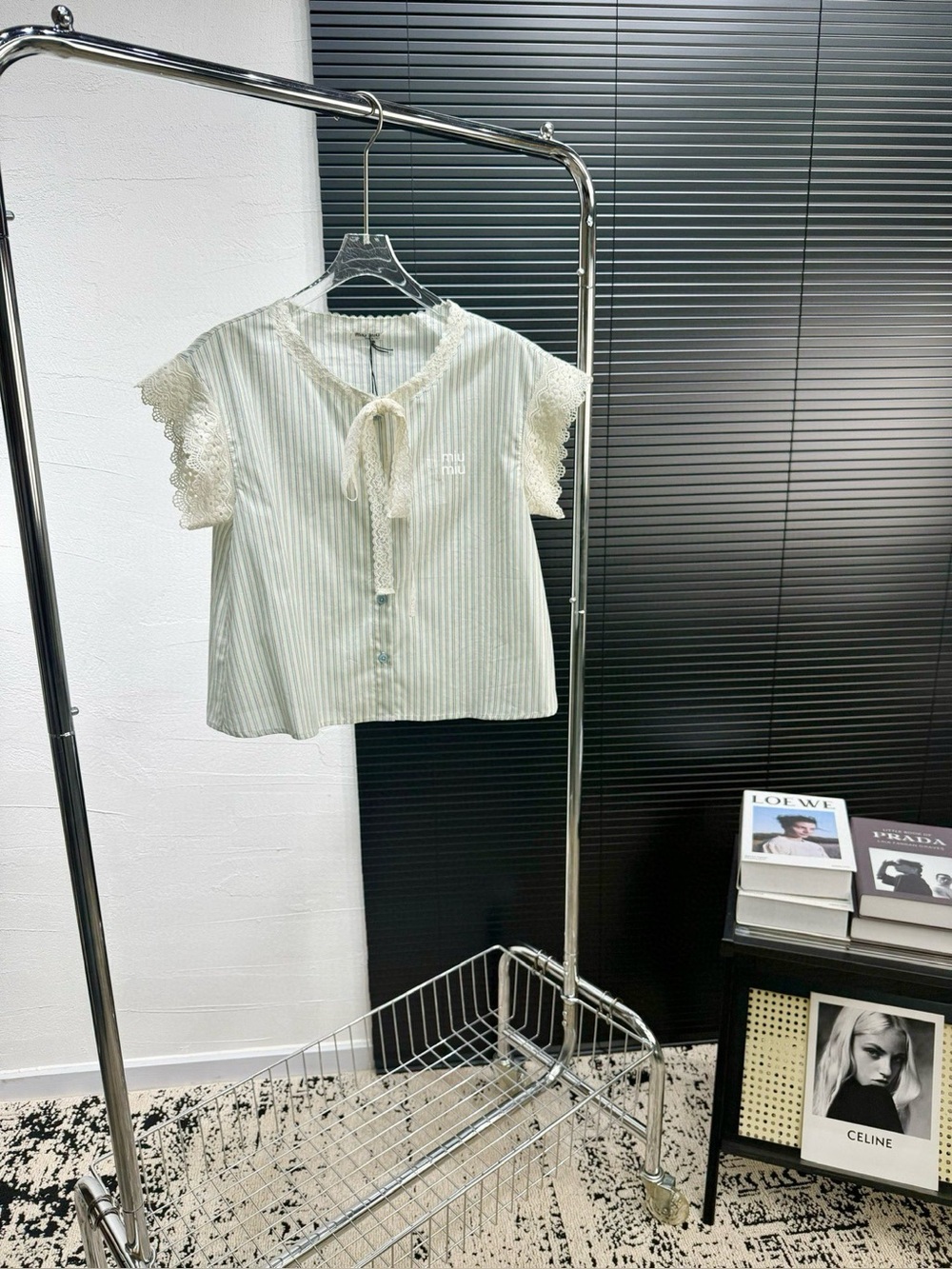 Miu Miu Cream & Pale Green Striped Lace-Trim Girls' Top
